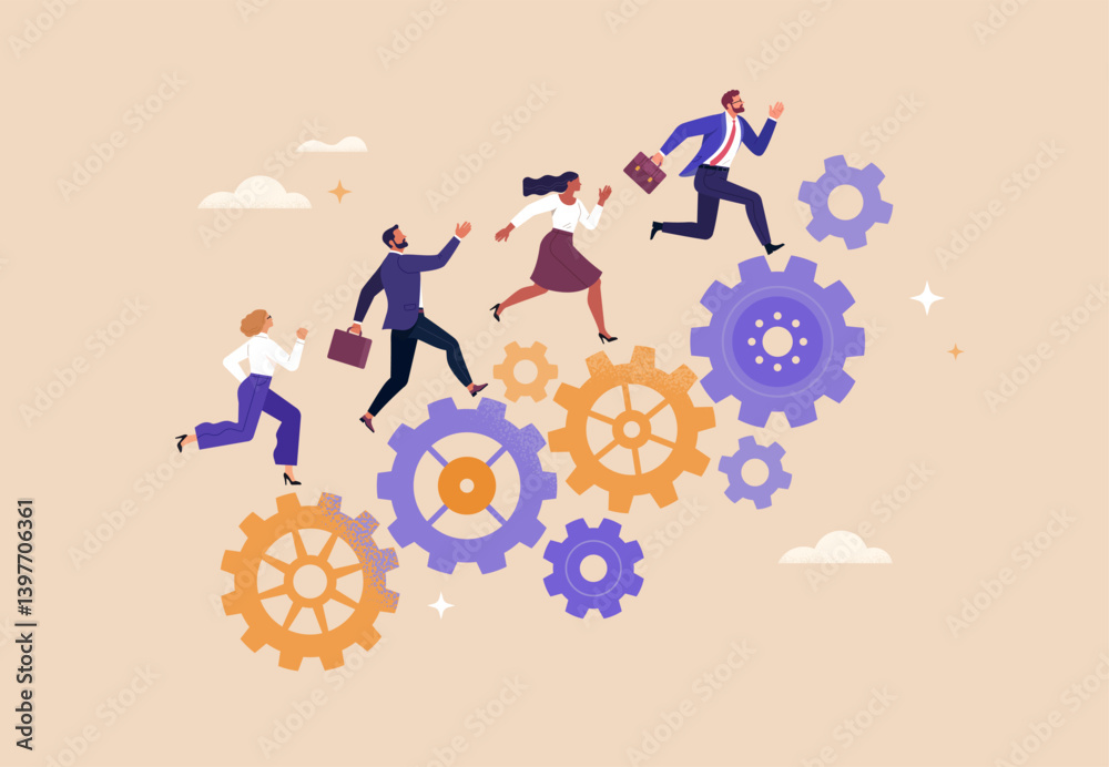 Aufkleber business work process concept. vector cartoon illustration of a group of people in business suits ru