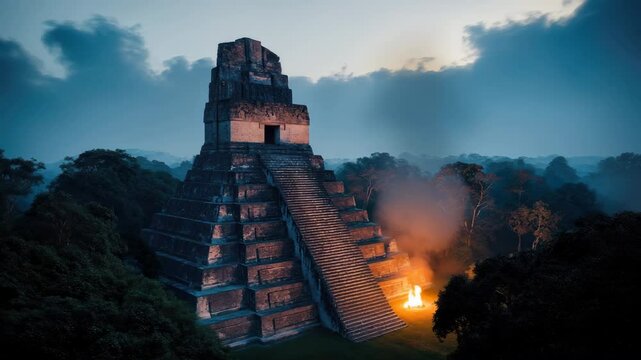 Ancient Mayan Pyramid in Misty Jungle at Dusk with Bonfire: An Aerial View of Tikal Ruins