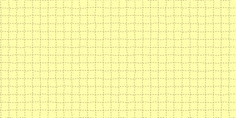 Yellow notebook paper seamless bg with irregular squares made of dash lines and grain texture. Retro background with rough freehand grid. Vector school illustration