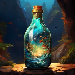 A magical bottle encapsulating vibrant waves and enchanting nature.