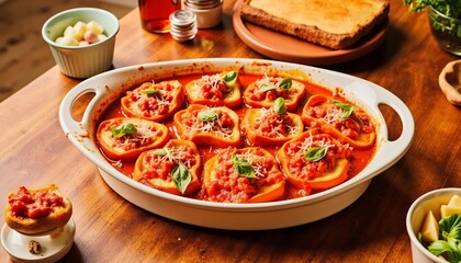 Delicious Baked Bell Peppers With Tomato Sauce Cheese And Basil On Wooden Table