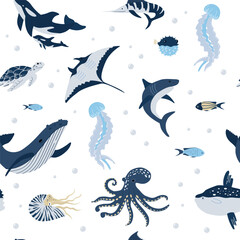 Ocean animals seamless pattern. Underwater creatures. Inhabitants of the sea world. Blue color vector background for packaging, fabric, wallpaper, paper © OlivaGreen