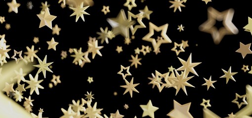 Abstract background with many golden stars falling on a black background. Perfect for celebration, holidays, and wishes.