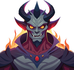Powerful demon with horns and glowing eyes. Evil fantasy villain character for dark themes and RPG games.