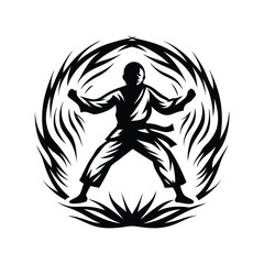 Asian Man in Martial Arts Stance, Black Silhouette Figure on White Background