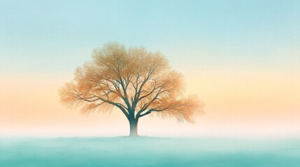 Solitary Oak Tree at Misty Sunrise Watercolor Landscape Tranquil Atmosphere Serene Viewpoint Nature Concept