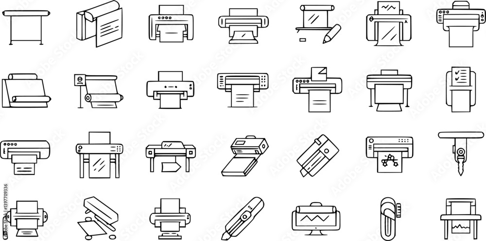 Fototapete Printer line icon set. Large format printing, plotter, scanner, cutting machine minimal vector illustrations. Simple outline signs for printshop. Editable Stroke