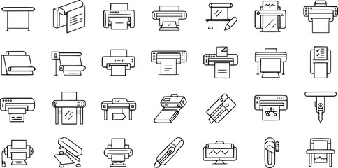 Printer line icon set. Large format printing, plotter, scanner, cutting machine minimal vector illustrations. Simple outline signs for printshop. Editable Stroke