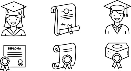 Graduation doodle illustration including icons - student in cap, diploma certificate scroll, university degree . Thin line art about high school education. Editable Stroke