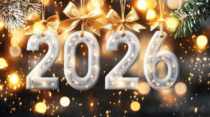Golden bows decorate the shimmering numbers representing 2026, creating a joyful atmosphere filled with holiday lights
