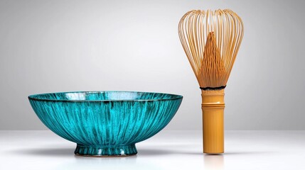 Teal Ceramic Bowl and Bamboo Matcha Whisk on White Background