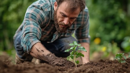 Fototapeta premium Gardener tending to a seedling. Soft focus highlights the connection to nature and the promise of growth