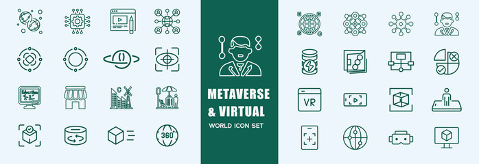 Virtual Reality and Metaverse Icon Set. A cutting-edge collection of icons designed to enhance immersive experiences, perfect for VR apps, gaming platforms, and digital worlds.