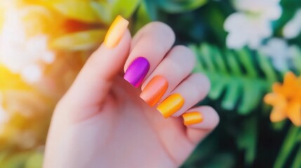 A hand displays beautifully manicured nails painted in a gradient of purple and orange shades against a backdrop of greenery and blooms