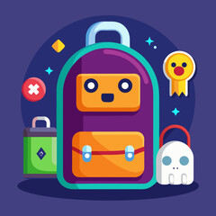A cheerful backpack friend embarking on a playful adventure with a cute ghost pal and a power-up battery, in a vibrant, flat-design style.
