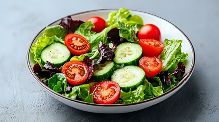 Fresh garden salad with sliced cucumbers, cherry tomatoes and mixed lettuce leaves in gray ceramic bowl on light background, healthy eating concept.