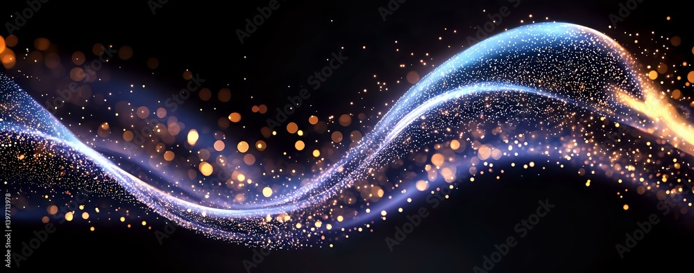 Poster glowing magical wave with sparkling particles and light trails flowing on black background, creating