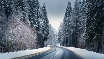 Forest highway through an old coniferous forest at winter