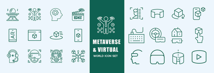 Virtual Reality and Metaverse Icon Set. A cutting-edge collection of icons designed to enhance immersive experiences, perfect for VR apps, gaming platforms, and digital worlds.