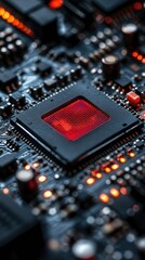 Obraz premium Detailed view of circuit board with integrated components and red square in the middle