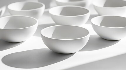 A studio photography shot of white ceramic bowls with a minimalist design