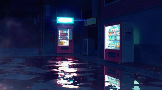 Nighttime scene of vending machines in a quiet urban alley, reflecting on wet pavement, with soft lighting