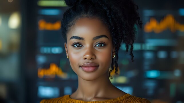 Young African American woman with natural curly hair and confident smile against blurred business charts background, wearing mustard yellow top, professional corporate portrait. - Powered by Adobe