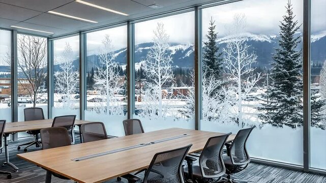 Modern office space with snowy mountain view, featuring frosted glass window decals of trees