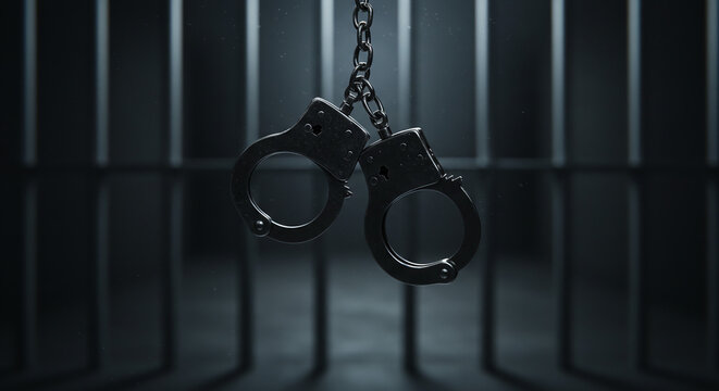 Steel Handcuffs Hanging Against Prison Bars Justice Law Enforcement Concept