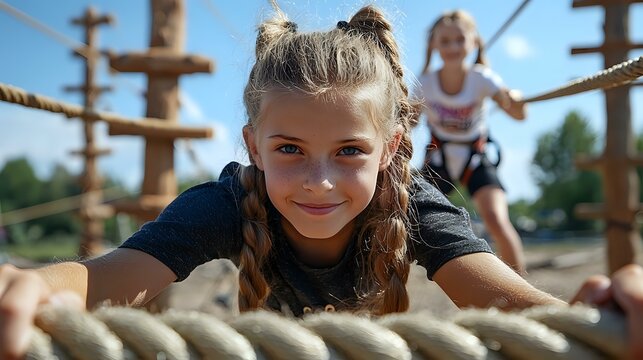 Young girl with braided hair smiling while climbing on outdoor rope course adventure park. Active child enjoying summer recreation and physical activity at climbing playground. - Powered by Adobe