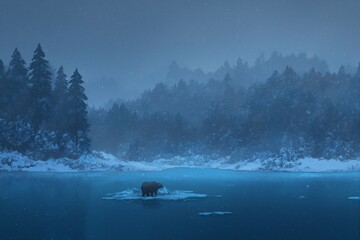 8-Bit Pixel Art Snowy Forest Night: Winter Biome Scene with Bear

