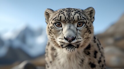 Fototapeta premium Snow leopard close up portrait showing piercing blue eyes and spotted fur pattern against blurred mountain background. Majestic wild cat face with detailed whiskers and markings.
