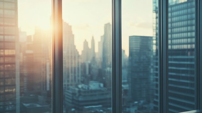 Fototapeta Sunrise view from office windows showcasing city skyline and sky
