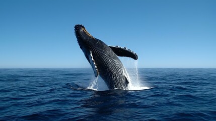 Fototapeta premium Majestic humpback whale breaching in deep blue ocean waters, creating dramatic splash and showing distinctive pectoral fins against clear sky. Perfect for nature publications.