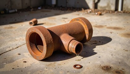 Rusted plumbing tee leaking in basement utility area, industrial repair