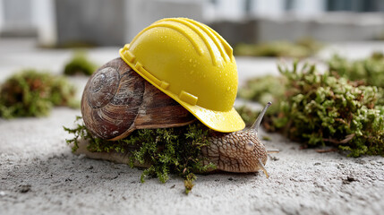 giant snail wearing yellow hard hat crawls over mossy ground, showcasing whimsical construction theme