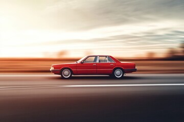 Fototapeta premium A red sedan captured in motion on an open road