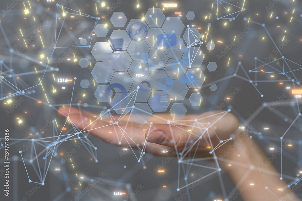 Aufkleber Abstract image of a hand holding a network of interconnected data points, representing global connectivity and information flow.