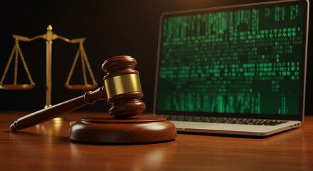 Cybercrime Justice Gavel Scales of Justice and Laptop with Code on Screen