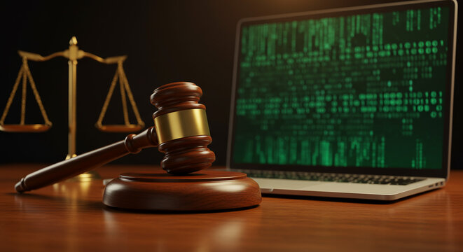 Cybercrime Justice Gavel Scales of Justice and Laptop with Code on Screen