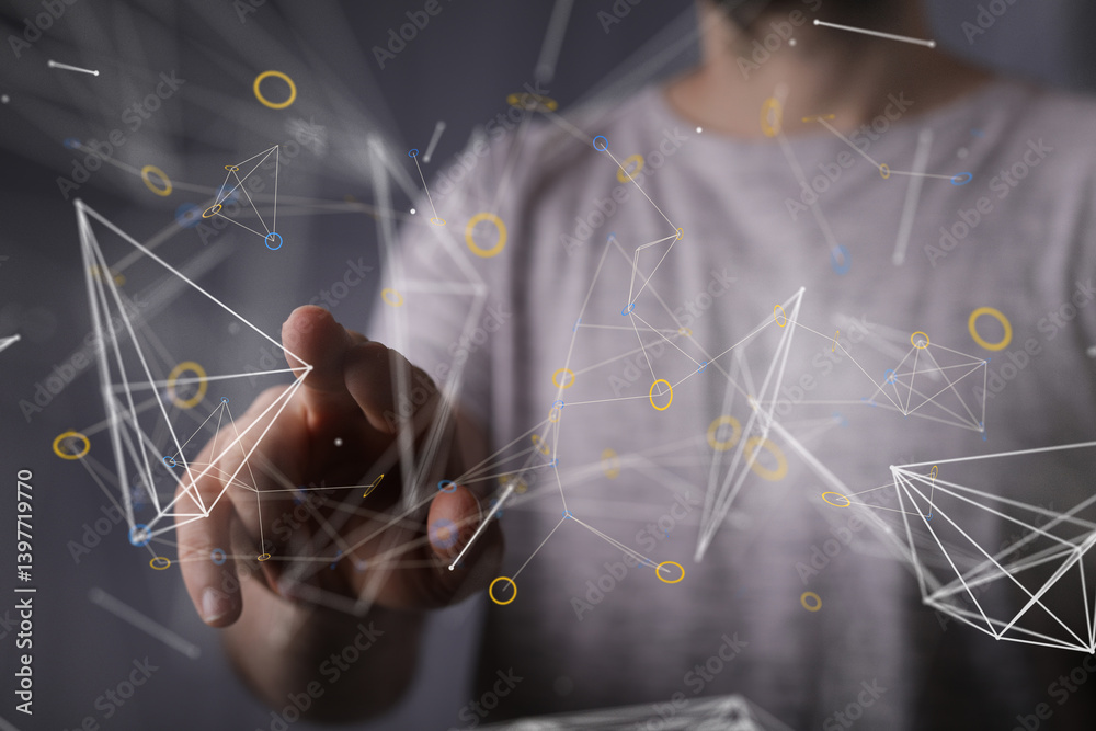 Leinwandbilder Abstract image of a person interacting with a digital network, representing connection, technology, and data.