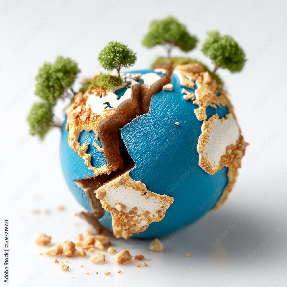 Poster Fragile Earth: A Fractured Globe with Miniature Trees, Symbolizing Environmental Concerns and the Need for Preservation.