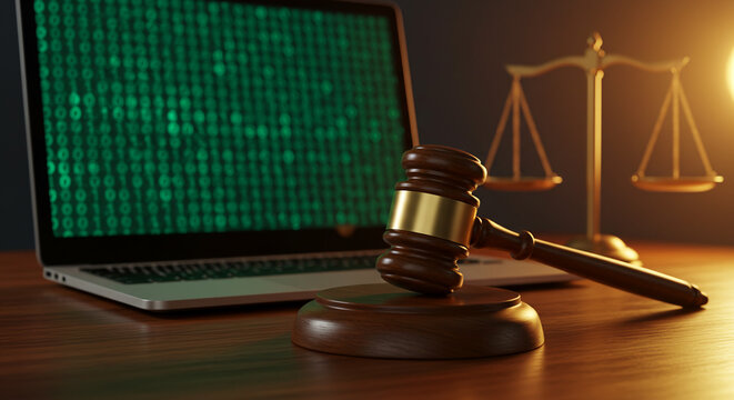 Cyber Law Concept Gavel Scales of Justice and Laptop with Binary Code