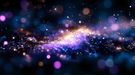 Obraz premium Abstract cosmic background with glowing particles and bokeh lights in deep blue and purple colors creating magical space atmosphere.