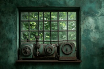 An old industrial machine sits within a green walled room