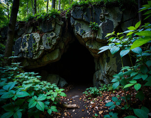 A serene forest scene featuring a natural cave entrance surrounded by greenery and mosscovered rocks, inviting exploration through a winding path