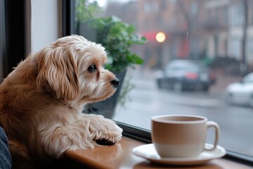 This image features an adorable dog resting its head on the windowsill while looking outside, with a coffee cup nearby amidst a cozy indoor setting. Perfect for pet lovers.
