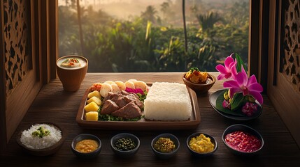 Tropical feast with rice and meat