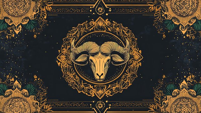 Ornate gold zodiac ram design on a dark background
