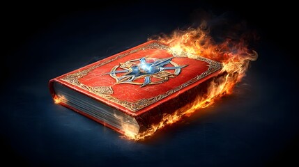 Ornately Designed Red Book With Flames Erupting From Its Edges Against A Dark Background
